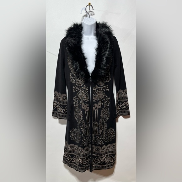 Chico's Sweaters - Chicos Long Sweater Faux Fur Collar Intricate Gold Embroidery Size 0 (Small) NWT